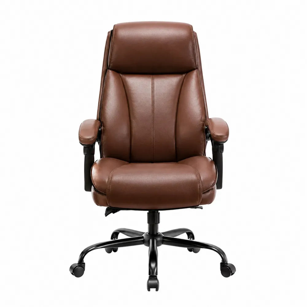 Sedia da ufficio in pelle sintetica marrone con base in metallo
