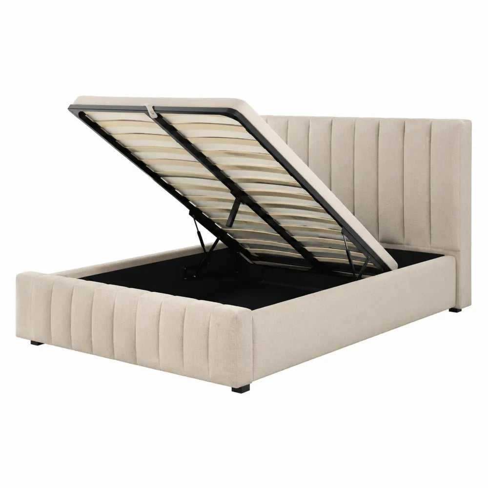 Letto matrimoniale in tessuto beige con contenitore