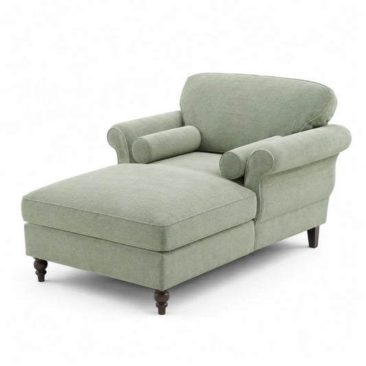 Chaise Longue in Tessuto Verde con Braccioli e Cuscini