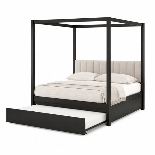 Letto a Baldacchino in Metallo Nero con Cassetto e Testiera in Tessuto Beige 200x160 cm