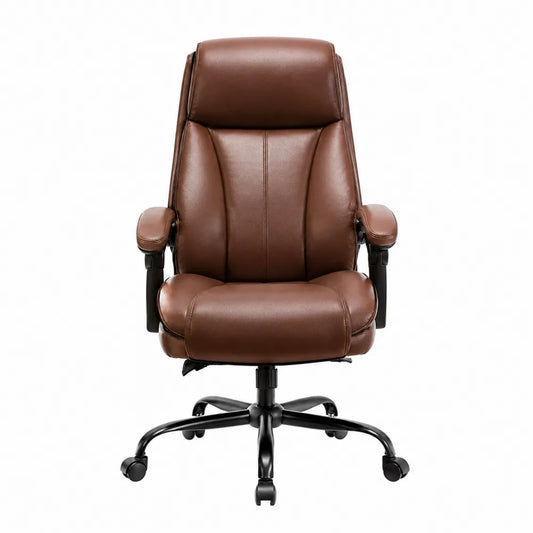 Sedia da ufficio in pelle sintetica marrone con base in metallo
