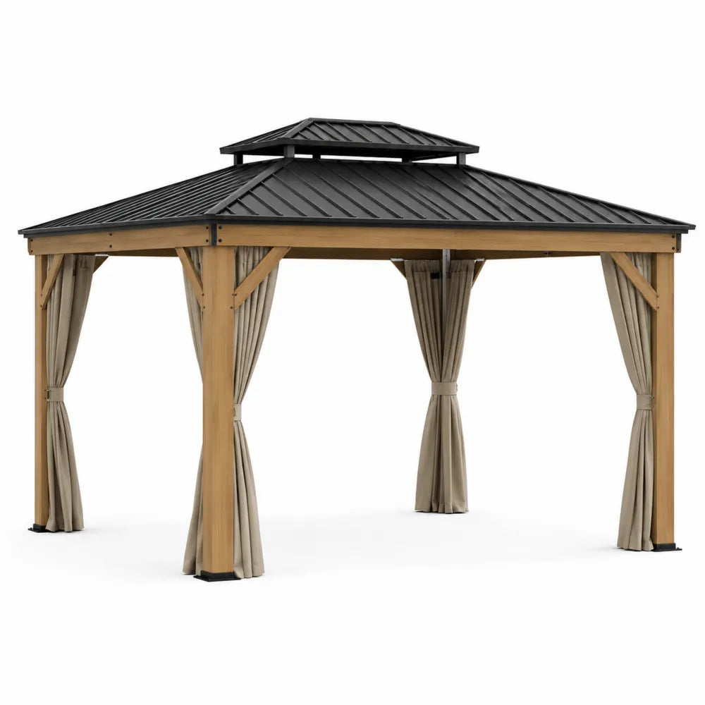 Gazebo in Legno con Tetto in Metallo e Tende Beige