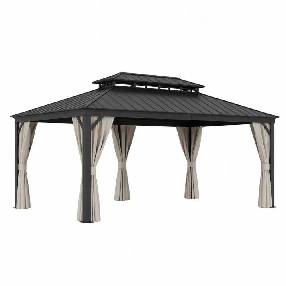 Gazebo da Giardino in Alluminio e Acciaio con Tende in Poliestere 400x300 cm Nero e Beige