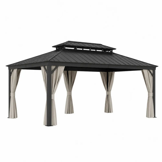 Gazebo da Giardino in Alluminio e Acciaio con Tende in Poliestere 400x300 cm Nero e Beige