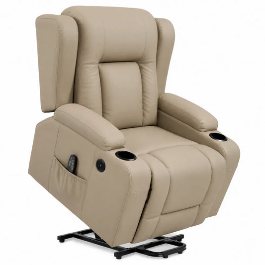Poltrona Reclinabile in Pelle Sintetica Beige con Sollevamento Elettrico