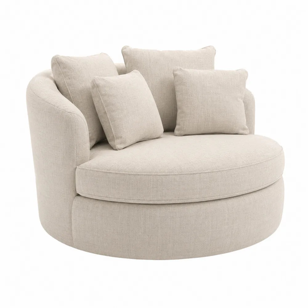 Poltrona rotonda in tessuto beige con cuscini inclusi